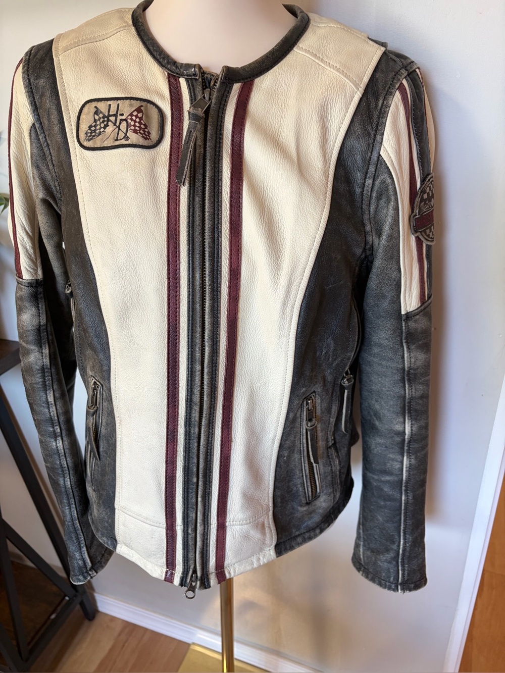 Women’s retro Harley Davidson Two-Tone Black & Cream Racing Leather Jacket